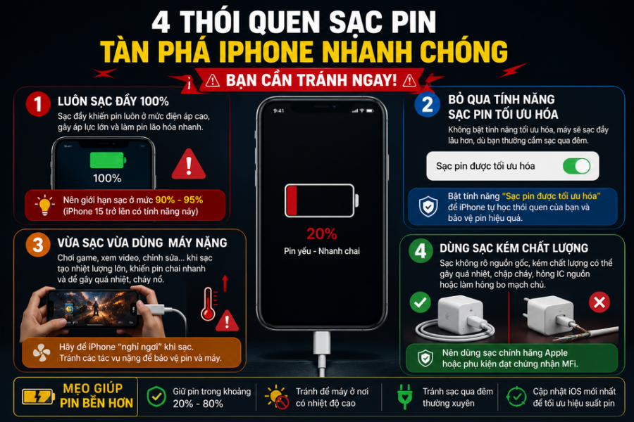 Sai Lầm Khi Sạc Pin iPhone: 4 Thói Quen Cần Tránh Để Kéo Dài Tuổi Thọ